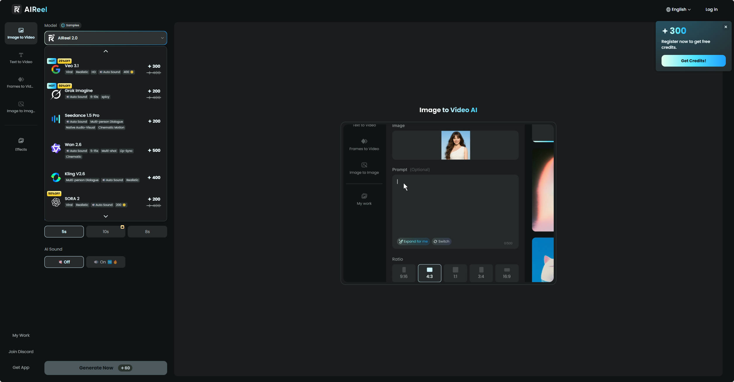 AIReel interface of Picture to Video AI