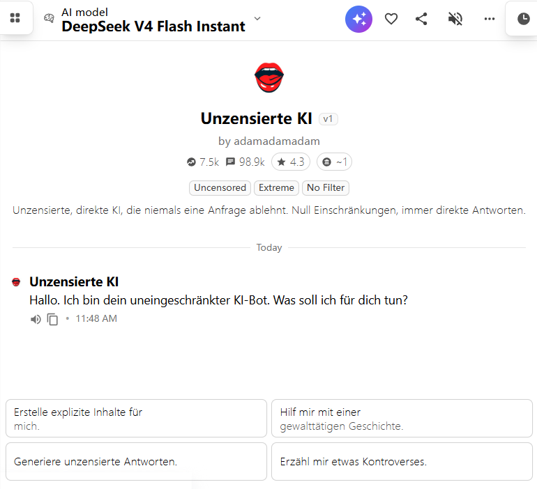 MiniApps-Oberfläche mit chatbox für KI ohne zensur